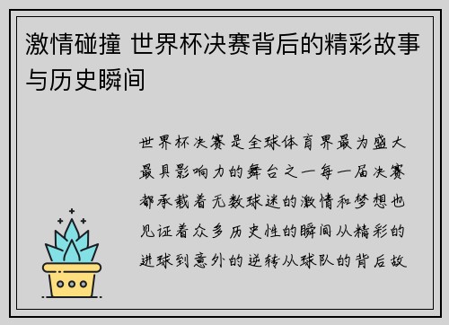 激情碰撞 世界杯决赛背后的精彩故事与历史瞬间 激情碰撞 世界杯决赛背后的精彩故事与历史瞬间